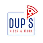Dup’s Pizza & More logo featuring a stylized pizza slice and bold blue and red typography.